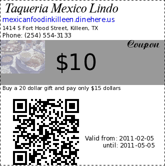 Taqueria Mexico Lindo $10 Coupon. Buy a 20 dollar gift and pay only $15 dollars
