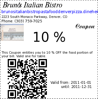Bruno's Italian Bistro 10 % Coupon. This Coupon entitles you to 10 % OFF the food portion of your bill. Valid one for table.