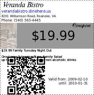 Veranda Bistro $19.99 Coupon. $19.99 Family Tuesday Night Out

One Large 2-topping Pizza, Family Salad
up to four (4) non-Specilaty, non-alcoholic drinks