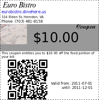 Euro Bistro $10.00 Coupon. This coupon entitles you to $10.00 off the food portion of your bill