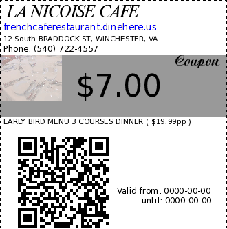 LA NICOISE CAFE $7.00 Coupon. EARLY BIRD MENU 3 COURSES DINNER ( $19.99pp )