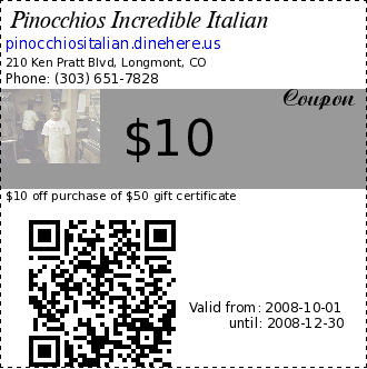 Pinocchios Incredible Italian $10 Coupon. $10 off purchase of $50 gift certificate