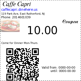 10.00 Coupon. Come for Dinner Mon-Thurs.