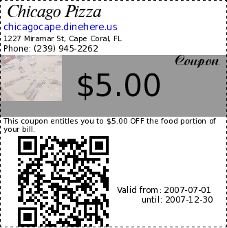 Chicago Pizza $5.00 Coupon. This coupon entitles you to $5.00 OFF the food portion of your bill.