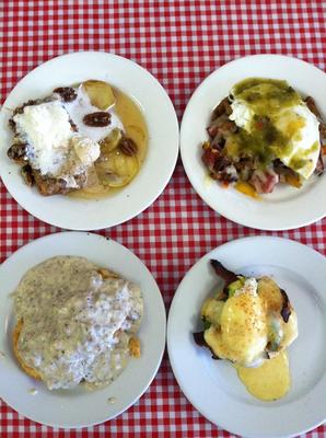 The HomeRun! a sample of our 4 most popular breakfast 
dishes.  1/2 Timi's Benny,  1/2 Banana Bread French Toast 
(Gluten Free), 1 biscuit & gravy, 1/2 Crispy Corned Beef 
Hash.  