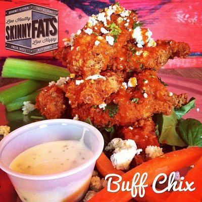 Buff Chix - Clucky Toes (our name for chicken tenders 
deep fried) tossed in buffalo sauce served with carrots & 
celery sticks.  Served with buttermilk ranch.  (Happy 
snacks) 