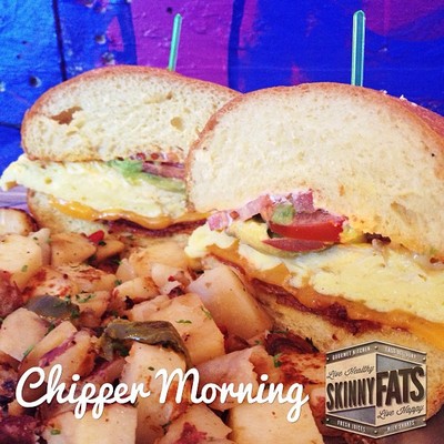 Chipper Morning - Brioche roll, eggs, applewood bacon, 
cheddar cheese, tomatoes, scrambled egg, avocado and 
a spicy aioli spread with breakfast potatoes.  (Happy 
Breakfast) 